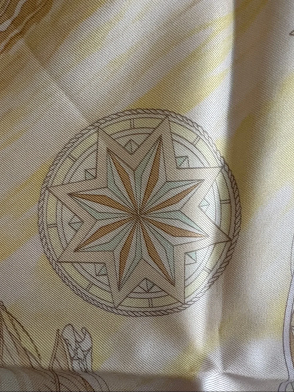 Vintage Hermès Frégates Magnifiques Silk Scarf, pastel pink, yellow and brown.